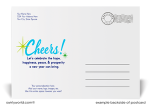 Vibrant Happy New Year Postcards with Bold Typography, Blue and Green Starbursts, and Retro-Modern Design