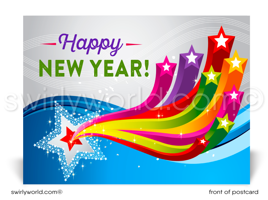 Send vibrant wishes! Our exclusive Happy New Year Postcards feature bold typography, colorful starbursts, and retro-modern charm on premium card stock.