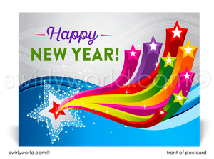 Send vibrant wishes! Our exclusive Happy New Year Postcards feature bold typography, colorful starbursts, and retro-modern charm on premium card stock.