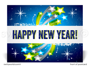 Celebrate the New Year in style! Our exclusive postcards feature bold "Happy New Year" typography, vibrant blue and green starbursts, and retro-modern charm.