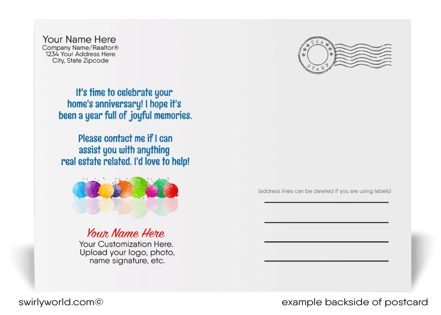 Cute House with Balloons Happy Home Anniversary Printed Postcard for Realtors®