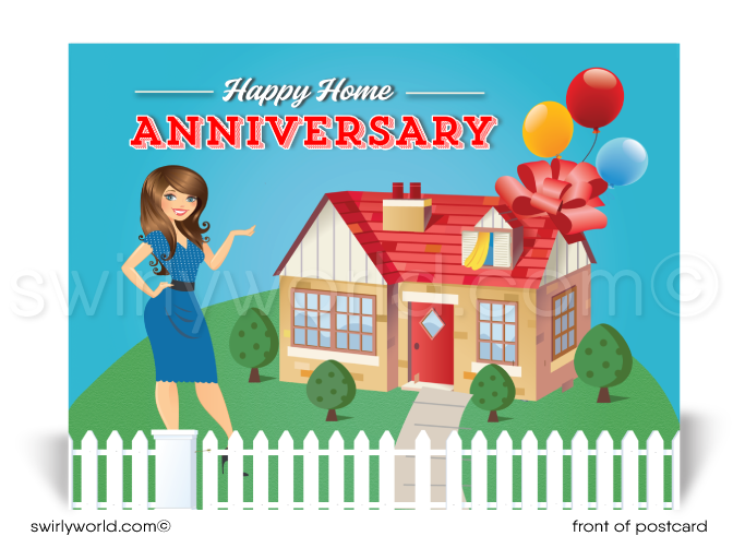 Cute House with Balloons Happy Home Anniversary Printed Postcard for Realtors®
