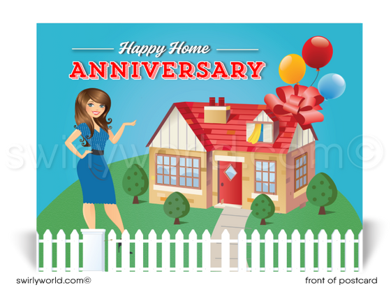 Cute House with Bow Happy Home Anniversary Digital Postcard Marketing for Realtors®