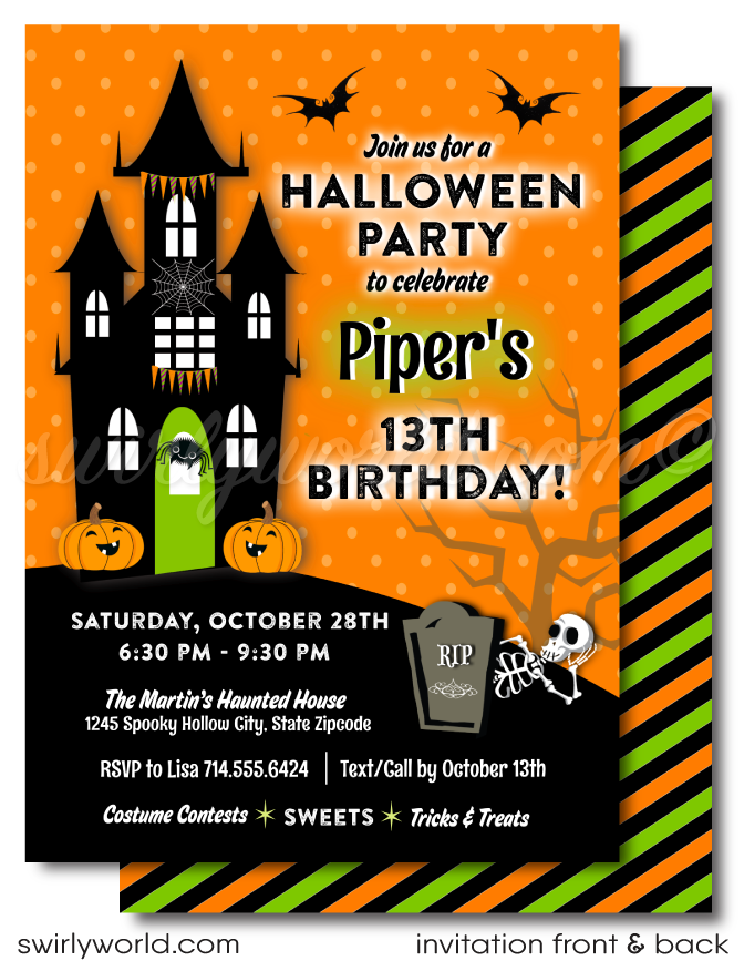 Get ready for a spooky celebration with our Halloween Haunted House birthday invitations! Featuring a charmingly eerie haunted house, Halloween bunting, a whimsical tombstone, and a spooky tree with bats and spiders, this invitation is perfect for your Halloween-themed birthday. Customize, download, and share easily!
