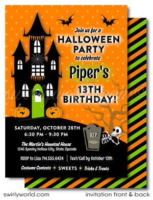 Get ready for a spooky celebration with our Halloween Haunted House birthday invitations! Featuring a charmingly eerie haunted house, Halloween bunting, a whimsical tombstone, and a spooky tree with bats and spiders, this invitation is perfect for your Halloween-themed birthday. Customize, download, and share easily!