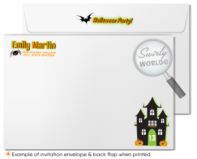 Set the tone for a spooky celebration with our printed Halloween Haunted House birthday invitations! Featuring a charming haunted house, Halloween bunting, and a spooky tree with bats and spiders, these premium invitations and matching envelopes are perfect for your Halloween-themed birthday bash. Customize and impress!