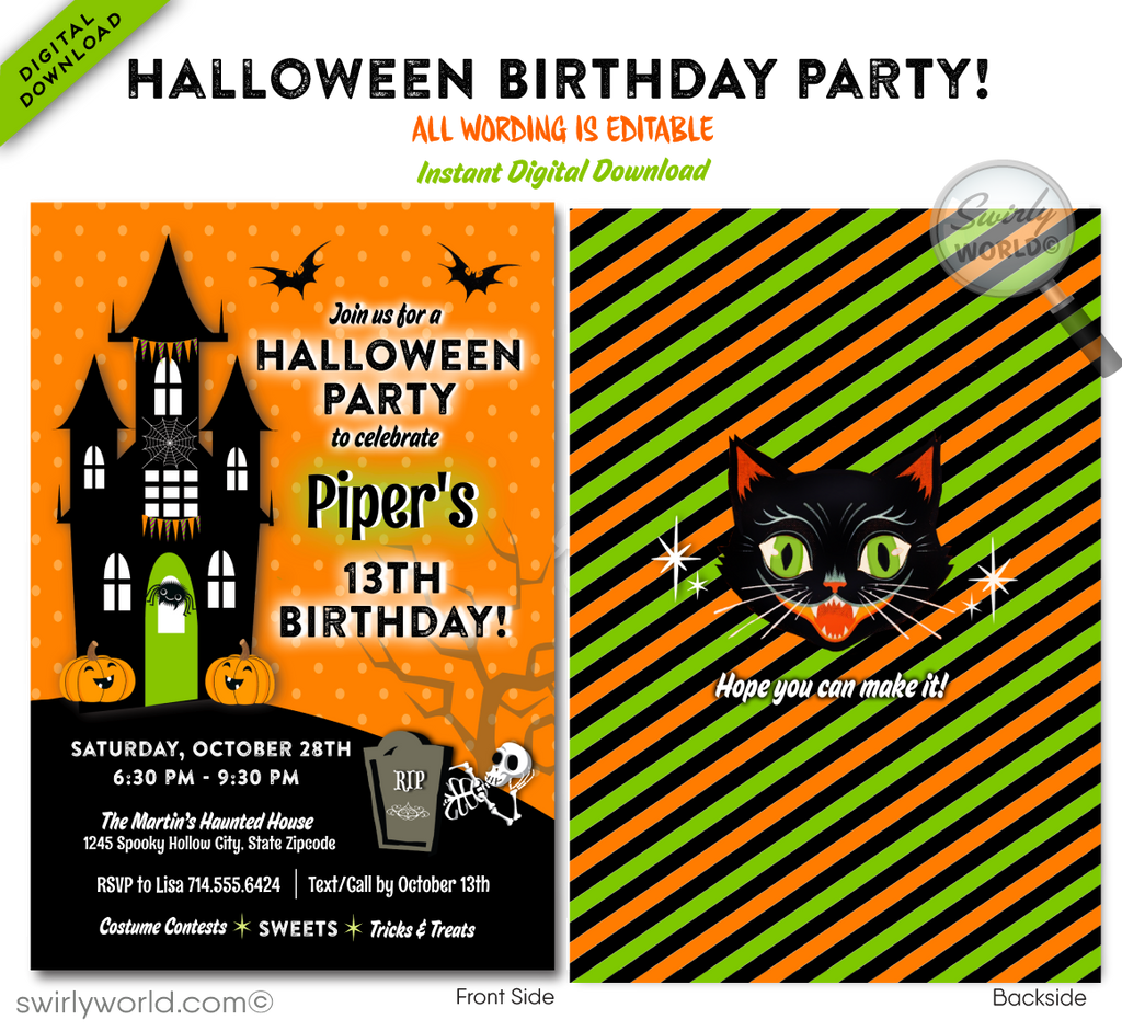 Child-Friendly Non-Scary Kid Haunted  Halloween Birthday Party Invitation Digital Printable