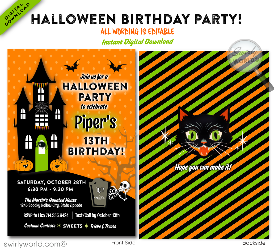 Get ready for a spooky celebration with our Halloween Haunted House birthday invitations! Featuring a charmingly eerie haunted house, Halloween bunting, a whimsical tombstone, and a spooky tree with bats and spiders, this invitation is perfect for your Halloween-themed birthday. Customize, download, and share easily!