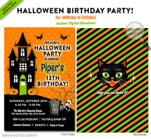 Get ready for a spooky celebration with our Halloween Haunted House birthday invitations! Featuring a charmingly eerie haunted house, Halloween bunting, a whimsical tombstone, and a spooky tree with bats and spiders, this invitation is perfect for your Halloween-themed birthday. Customize, download, and share easily!