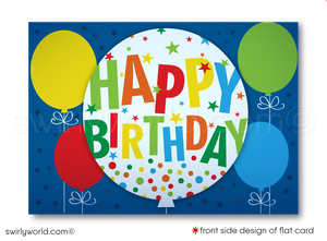 Celebrate your clients' special day with our unique Happy Birthday greeting card featuring colorful balloons and "Happy Birthday" in primary colors. Available as folded or flat cards, printed on thick card stock with matching envelopes. Upgrade to customized envelopes with your logo for a professional touch.
