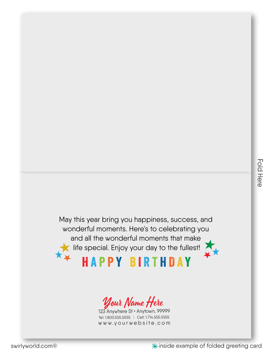 Celebrate your clients' special day with our unique Happy Birthday greeting card featuring colorful balloons and "Happy Birthday" in primary colors. Available as folded or flat cards, printed on thick card stock with matching envelopes. Upgrade to customized envelopes with your logo for a professional touch.