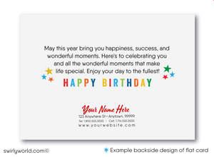 Celebrate your clients' special day with our unique Happy Birthday greeting card featuring colorful balloons and "Happy Birthday" in primary colors. Available as folded or flat cards, printed on thick card stock with matching envelopes. Upgrade to customized envelopes with your logo for a professional touch.