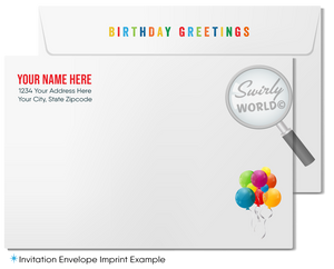 Celebrate your clients' special day with our unique Happy Birthday greeting card featuring colorful balloons and "Happy Birthday" in primary colors. Available as folded or flat cards, printed on thick card stock with matching envelopes. Upgrade to customized envelopes with your logo for a professional touch.
