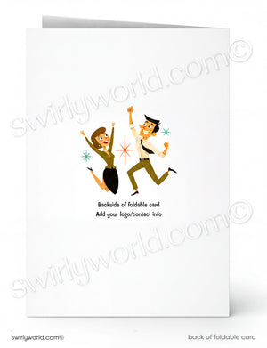 A folded greeting card shown front and back on a white background. The front has a small retro-style illustration of a dancing couple with text reading 'Backside of foldable card' and 'Add your logo/contact info.