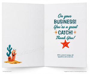 Open card with cartoon character and celebratory text on a white background