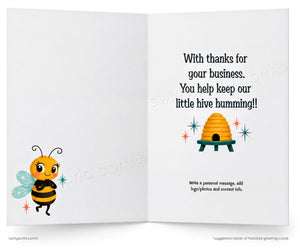 An open greeting card with a white background. The left panel shows a cute cartoon bee near the bottom left.