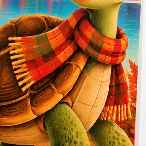 A close-up of a turtle wearing a red and orange plaid scarf, with a colorful background featuring autumn leaves.