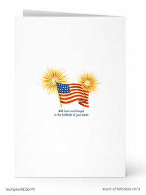 The image is a greeting card featuring an American flag and fireworks.