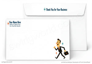 A set of printed business envelopes shown on a white background, including a front view with placeholder text and a cartoon businessman holding a briefcase, and a back view with the message 'Thank You For Your Business' in blue.