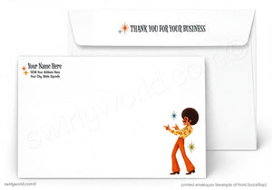 a white envelope with a colorful illustration of a person dancing. The envelope has a space for a recipient's name and address, and there is a star-shaped graphic on the top right corner.