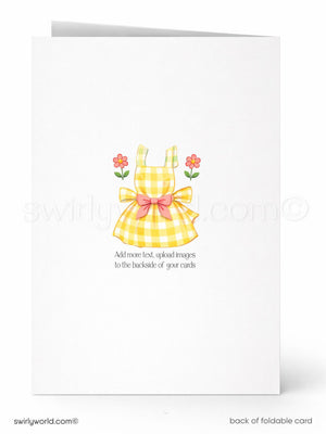 A white card with a yellow and green plaid dress and two pink flowers on either side. The card has a message that says "Add more text, upload images to the backsides of your cards" and a copyright symbol at the bottom.