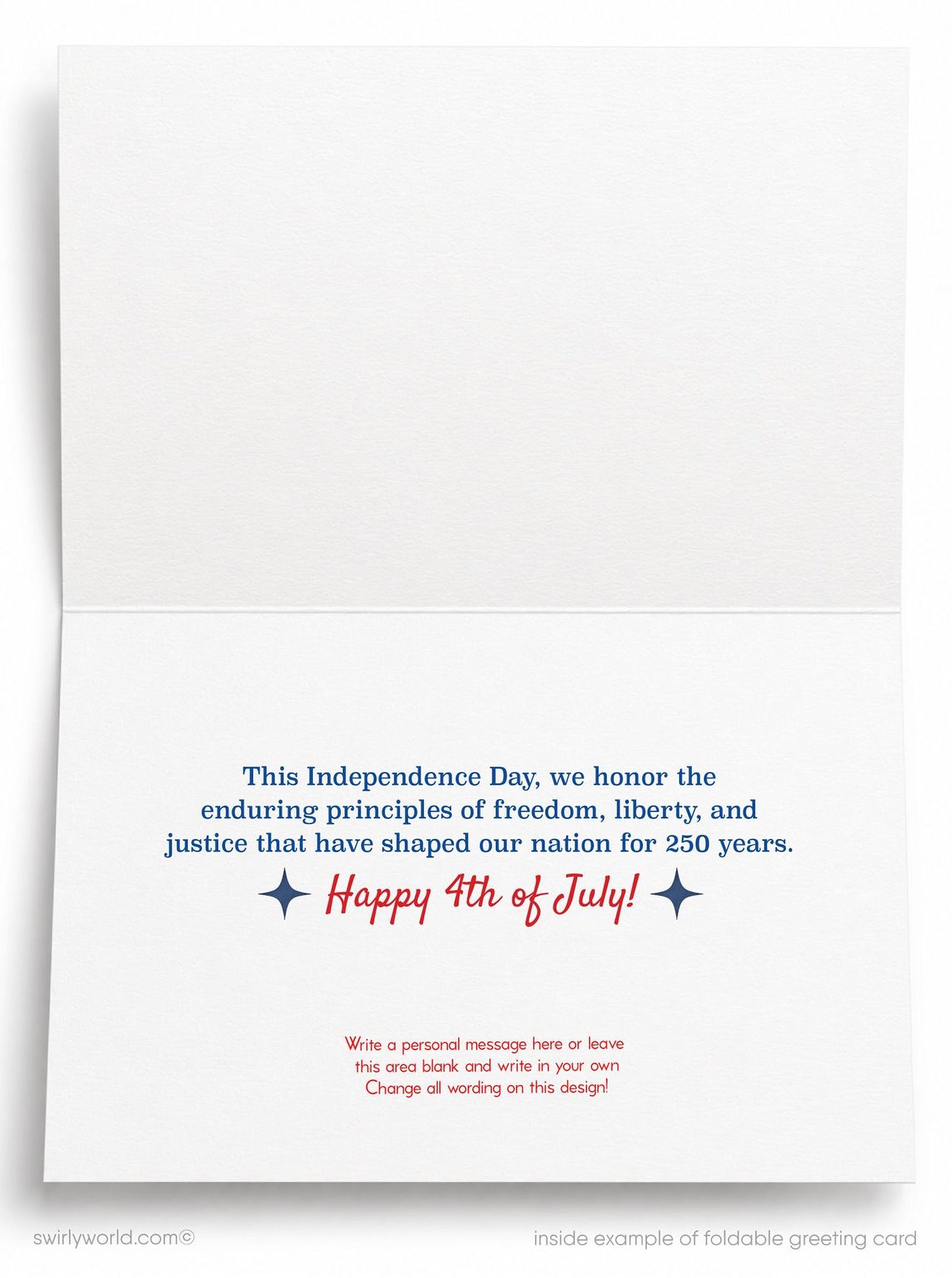 A greeting card with the text "July 4th Happy Independence Day!" written on it, along with an American flag and stars in the background.