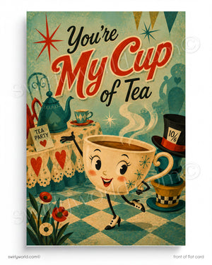 The image is a vintage-style illustration featuring a large, anthropomorphic cup of tea as the central character, surrounded by various tea-related objects and a whimsical, fantastical scene.