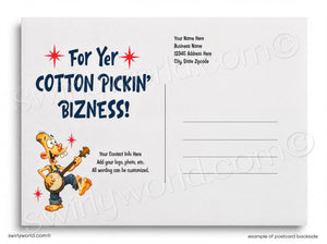 Cartoon character playing a banjo on a white background with text 'For Yer Cotton Pickin' Bizness!'.