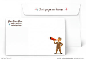 A white envelope with a cartoon illustration of a man using a megaphone. The envelope has a message that says "Thank you for your business" and a space for the recipient's name and address.