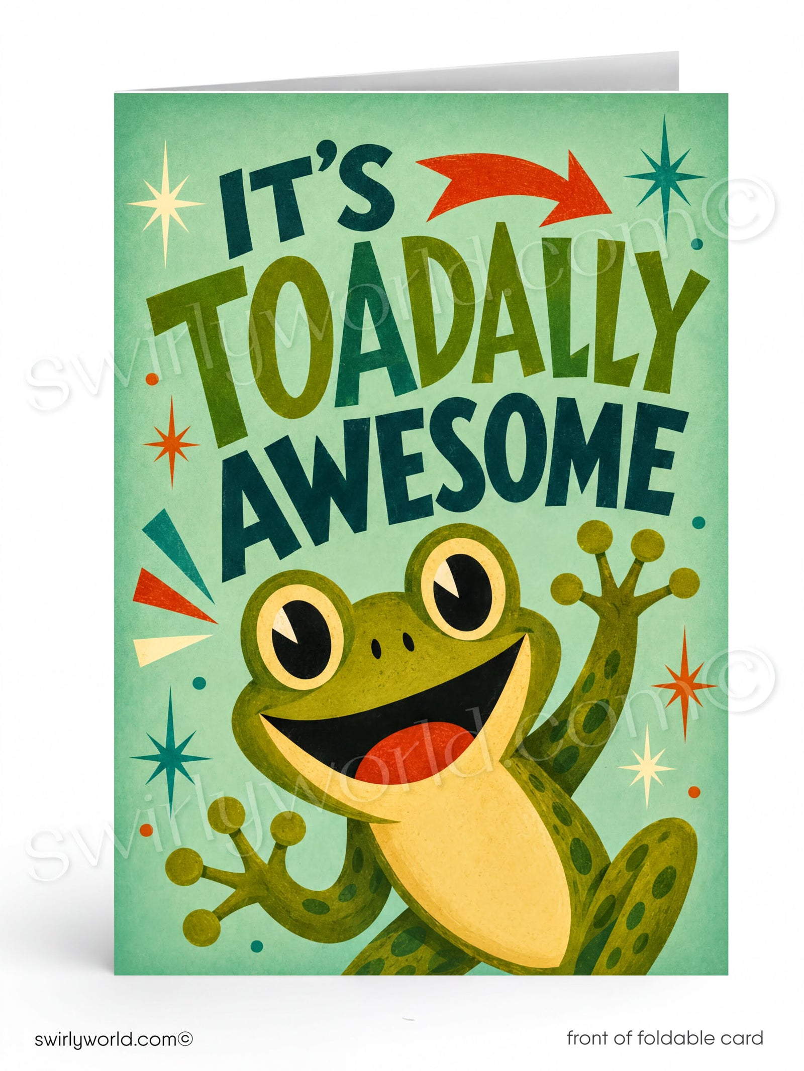 Greeting card with a frog illustration and text 'It's Toadally Awesome' on a green background.