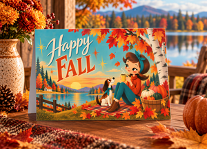 A greeting card with a girl sitting on a blanket next to a dog, surrounded by autumn leaves, with a scenic lake and mountains in the background.