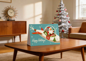 A vintage-style Christmas card featuring a Santa Claus figure on an airplane, with the text "Happy Holidays!" displayed on the card. The card is placed on a wooden coffee table in a living room setting.