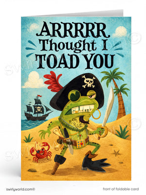Card with a pirate toad character on a beach with palm trees and a ship in the background.