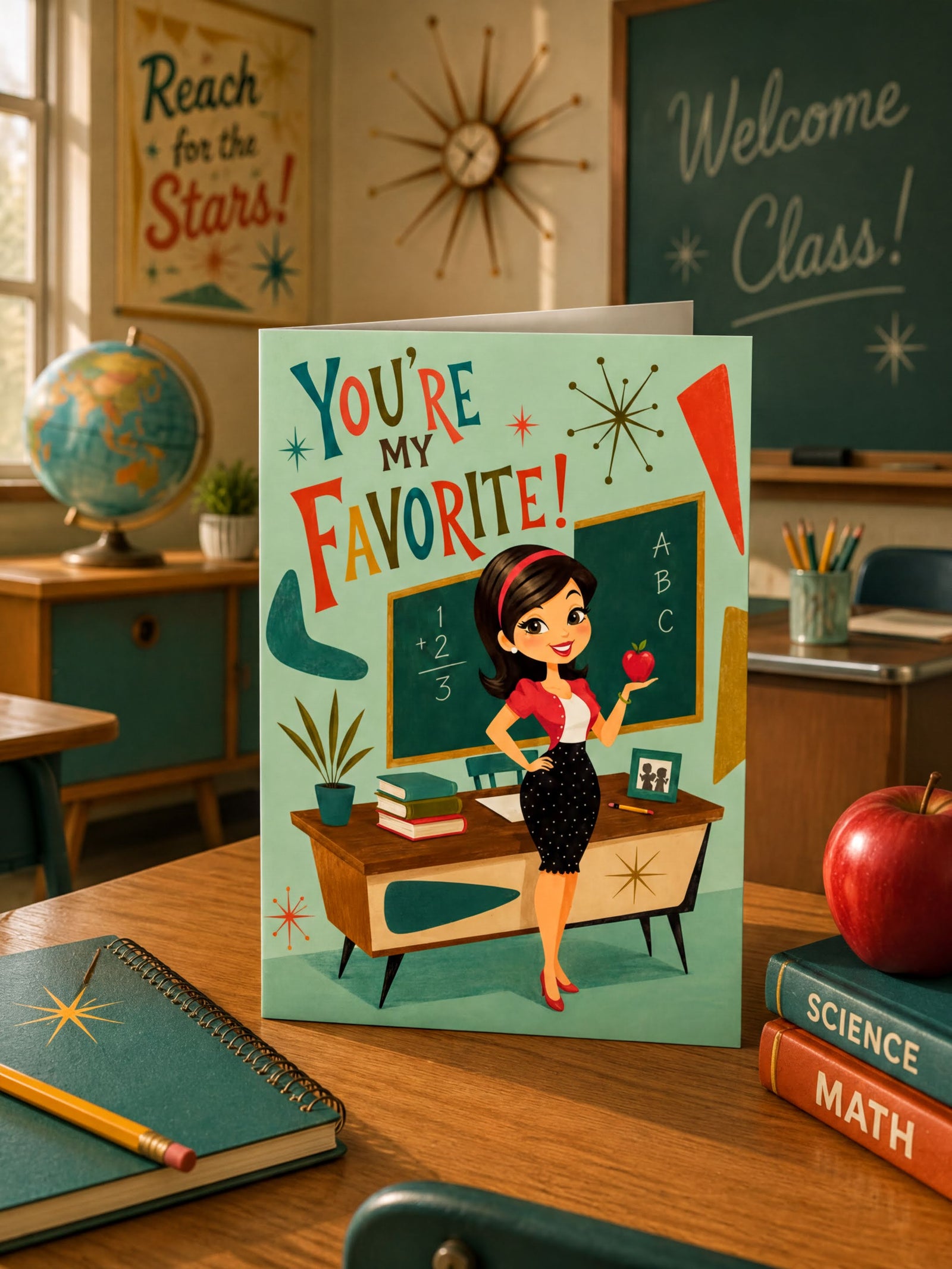 A folded greeting card shown upright on a white background. The card features a retro-style illustration of a smiling woman standing in a classroom, holding an apple near a chalkboard and desk.