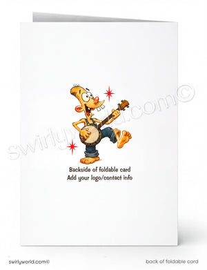 Backside of a foldable card with a cartoon character playing a banjo on a white background.