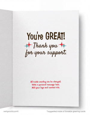 The image is a greeting card with a message that says "You're GREAT! Thank you for your support." The card provides instructions for writing a personalized message inside, suggesting that the card is a customizable greeting card.