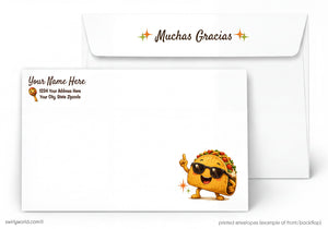 Envelopes with a taco character and 'Muchas Gracias' text on a white background
