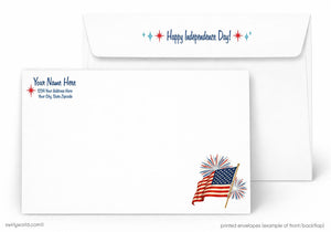The image is a printed envelope featuring a patriotic design with an American flag and fireworks. The envelope has a white background and displays the text "Happy Independence Day!" along with a star and a red, white, and blue color scheme.