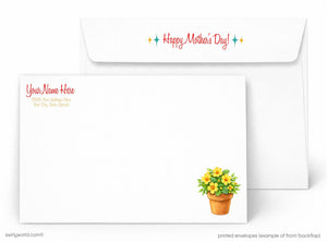 The image is a printed envelope featuring a Mother's Day greeting and a potted plant illustration.