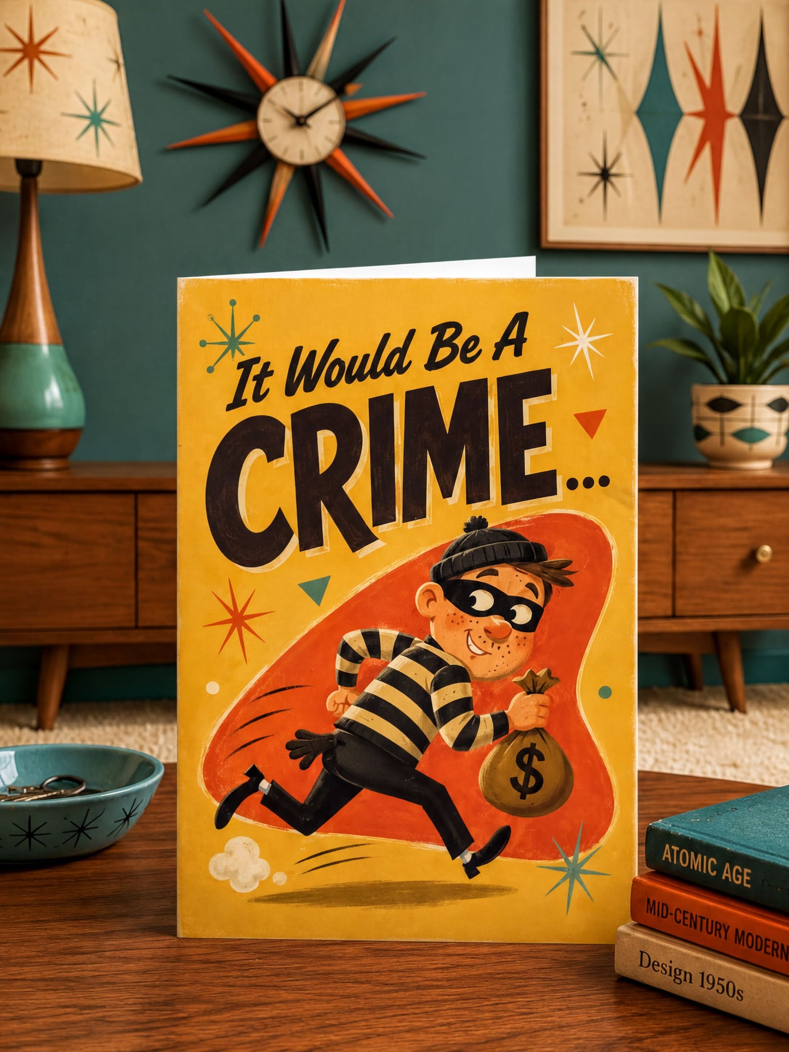 The image is a colorful card with a cartoon illustration of a masked burgundy-clad character running with a bag of money. The text on the card reads "It Would Be A CRIME..."