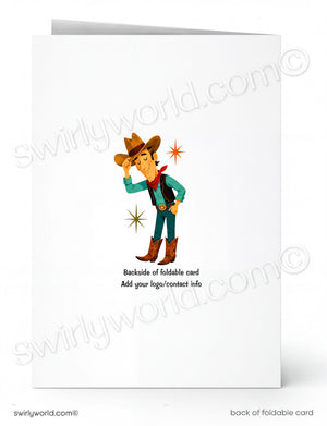 A folded white card shown front and back on a white background. The front has a small cowboy illustration with a brown hat, teal shirt, and brown boots, plus placeholder text reading 'Backside of foldable card' and 'Add your logo/contact info.