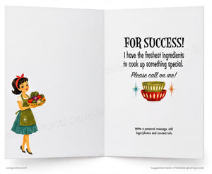 An open greeting card with a white interior layout. The left panel shows a retro-style illustration of a woman in a green apron holding a basket of vegetables.