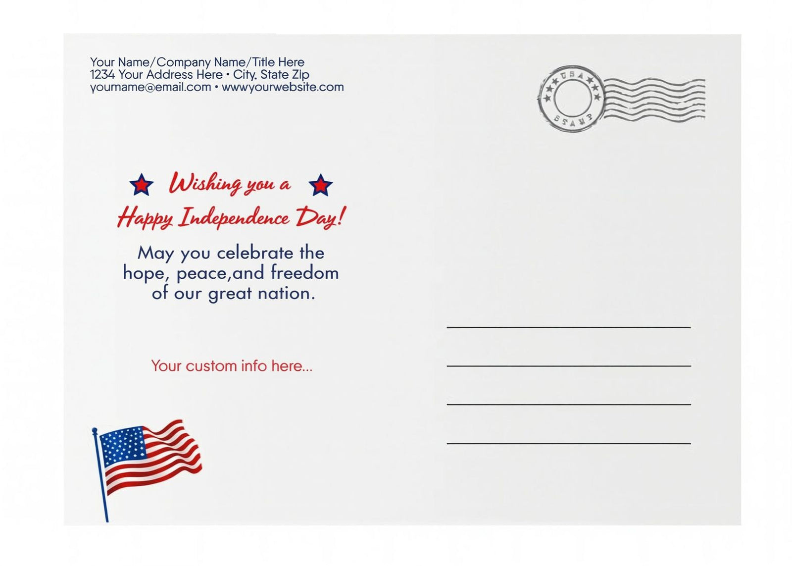 The image is a patriotic graphic celebrating the 4th of July, featuring the American flag and fireworks in the background.