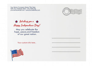 The image is a postcard with a patriotic design featuring an American flag and a message wishing someone a Happy Independence Day.