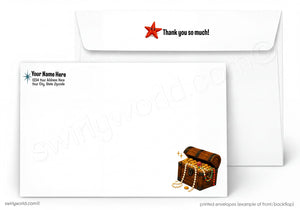 A white stationery set showing a blank envelope in the back and a matching addressed card in the front. The envelope has a red star icon with the text 'Thank you so much!' at the top right.