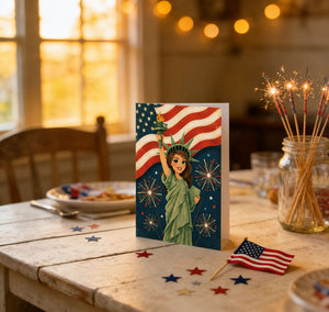 A greeting card featuring the Statue of Liberty is displayed on a table, surrounded by American flags, sparklers, and a plate of food.