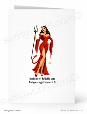 a woman dressed as a devil, wearing a red dress and holding a trident.
