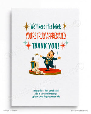 Vintage-style card with a cartoon character on a stage, text 'You're truly appreciated. Thank you!', and decorative elements.