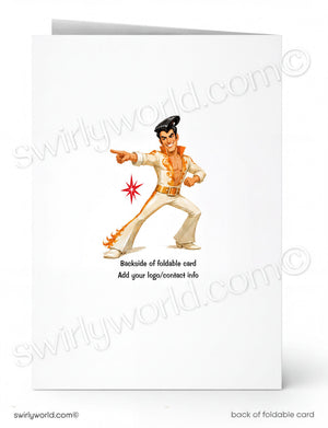 A white foldable greeting card shown front and back. The front features a printed illustration of Elvis Presley in a white and gold outfit with a black hat, and the back text reads 'Backside of foldable card Add your logo/context info'.