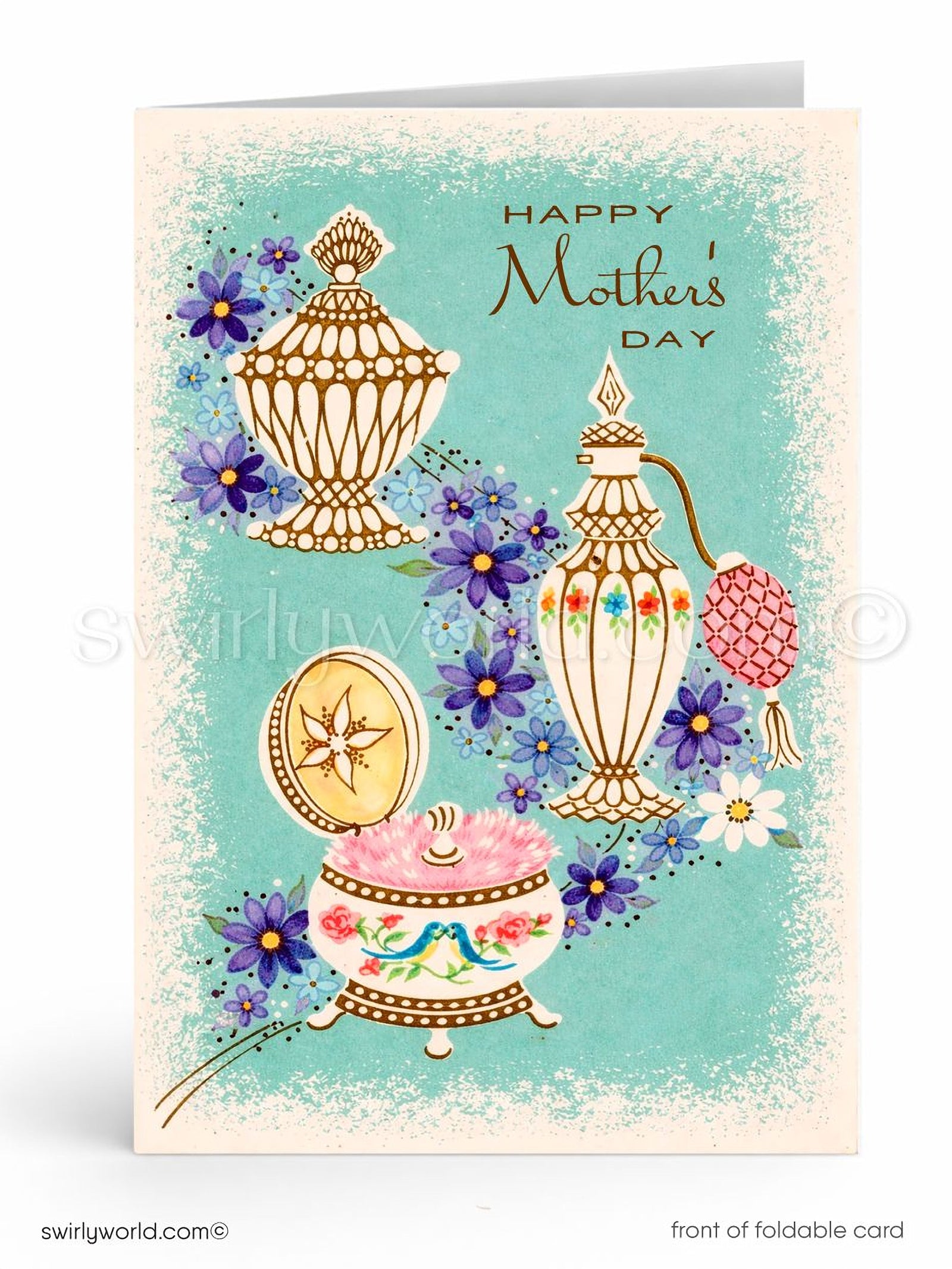 Mother's Day card with decorative urns, flowers, and 'Happy Mother's Day' text on a light blue background.